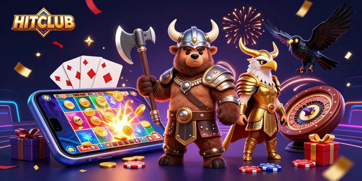 Experience exhilarating gaming action with HITCLUB, featuring vibrant slot games and celebratory elements.