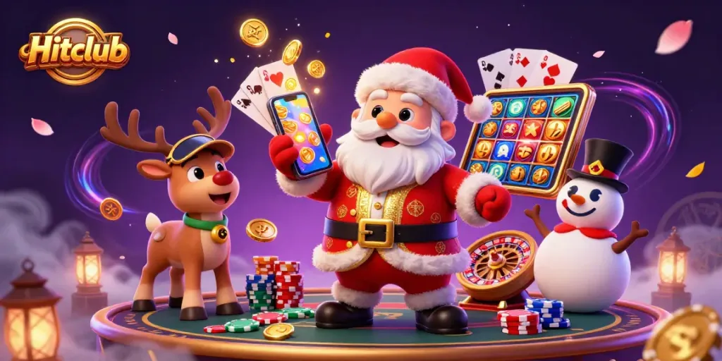 Hitclub showcases a festive slot game scene with Santa, his reindeer dealer, and a poker chip snowman