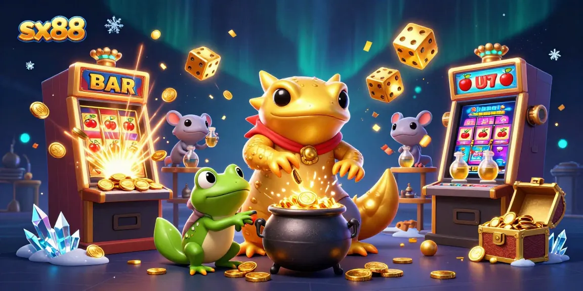 SX88 showcases thrilling golden alchemy at a vibrant casino scene with slot machines and jackpots.
