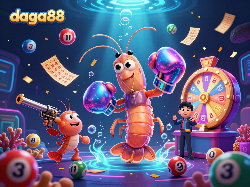 Join the action at daga88 with vibrant lottery balls and engaging 3D characters in a lively illustration.