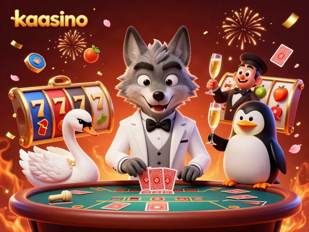 Kaasino offers an engaging scene with a debonair wolf, elegant swan, and penguin presenting luxurious gambling elements surrounded by festive details.