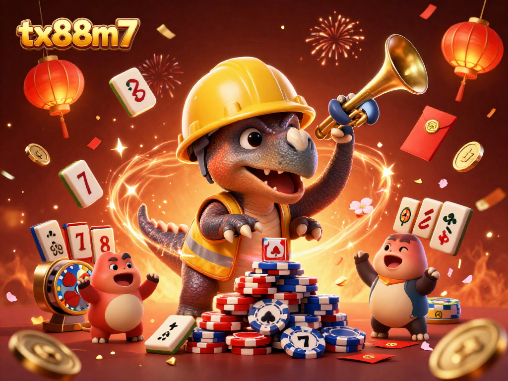 Celebrate with tx88m7 at a vibrant casino scene featuring dynamic characters building poker chip pyramids.