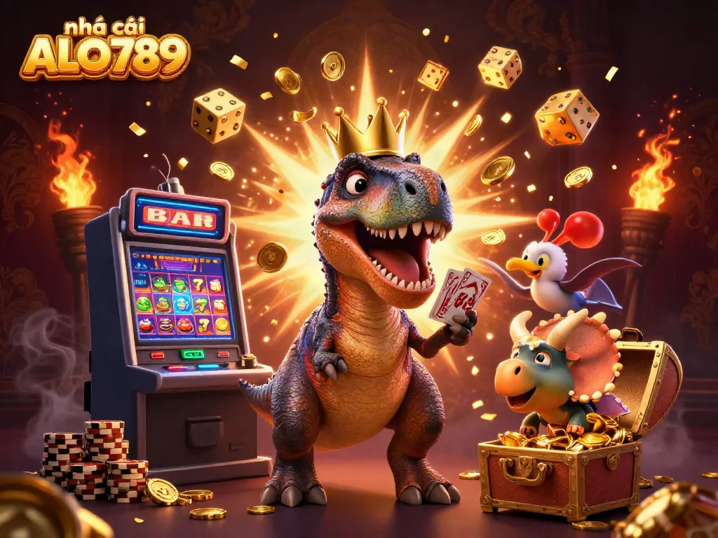 Enjoy the lively scene at nhà cái ALO789 as a T-Rex and friends engage in thrilling card games surrounded by casino elements.