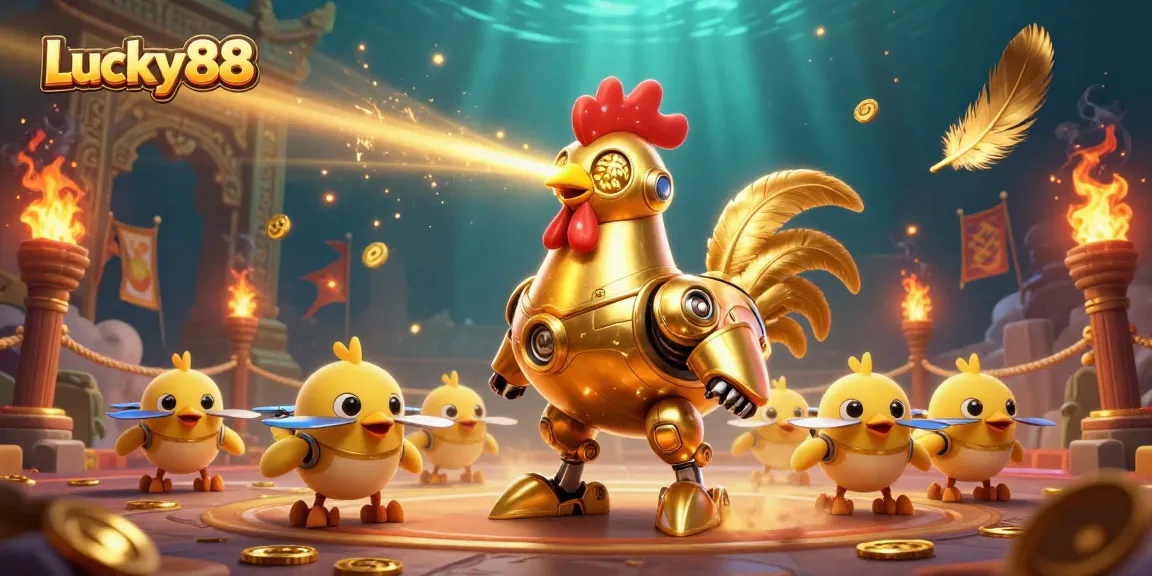 Experience Lucky88 wins with a dynamic 3D illustration featuring a golden rooster robot amidst a thrilling casino atmosphere.