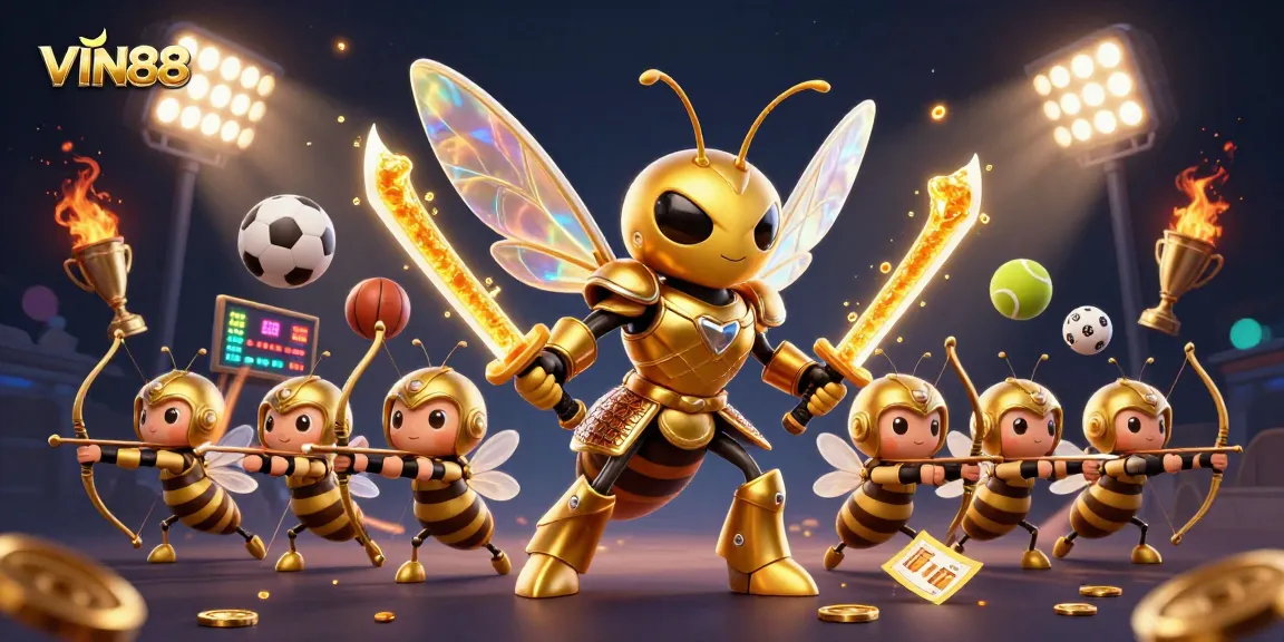 Engage with VIN88's vibrant gaming atmosphere featuring our dynamic mascot in a bustling casino scene.