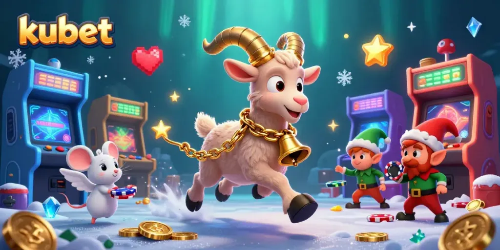 Kubet takes center stage in a vibrant and dynamic casino scene featuring a Krampus goat, an angel mouse, and elf gremlins amidst colorful gaming elements.