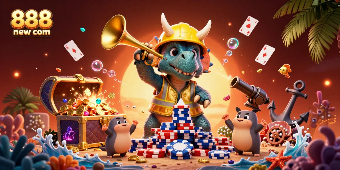 Celebrate wins at 888new com with a vivid 3D casino scene featuring poker chips and vibrant underwater treasures.