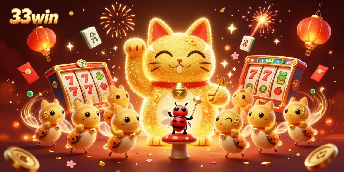 Engage in thrilling games at 33win with a giant lucky cat amidst festive casino symbols.