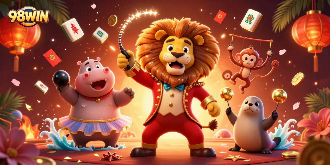 Experience the vibrant energy of 98WIN with an engaging circus-themed casino illustration.