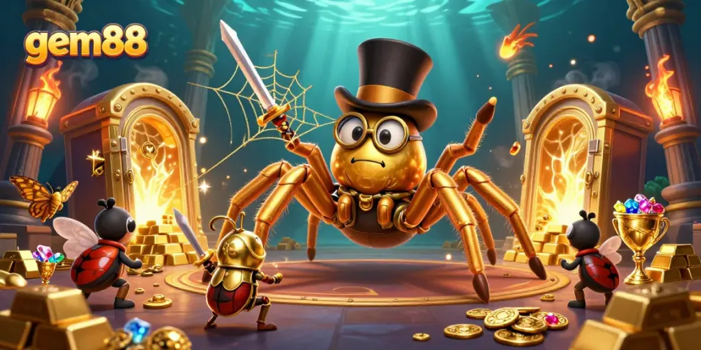 Experience the excitement at gem88 with a 3D illustration featuring vibrant casino characters and treasures.