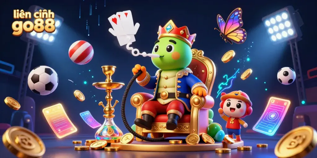 Engage with the thrilling visuals of liên hệ go88, showcasing vibrant casino elements and a whimsical character in a dynamic scene.