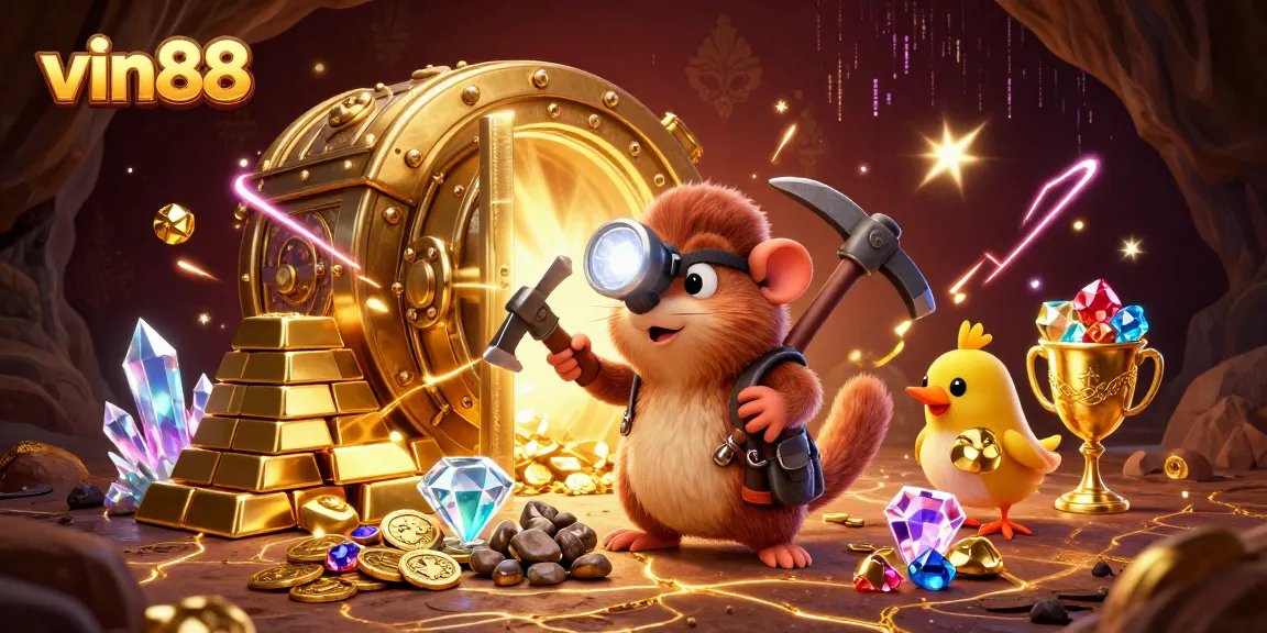 Experience thrilling moments at vin88 with a treasure hunting mole and dazzling gems in a dynamic casino scene.