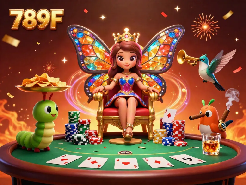Experience 789F's vibrant casino scene with a butterfly queen, poker elements, and festive confetti.