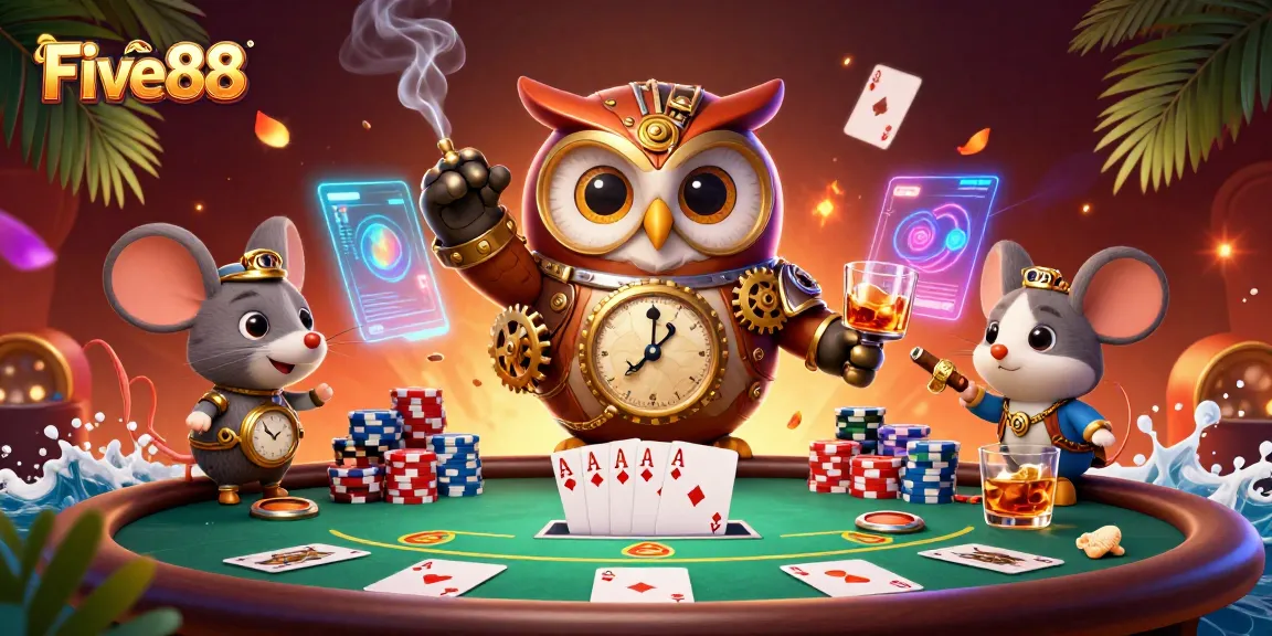 Experience the thrilling action at Five88 with dynamic poker scenes and vibrant casino elements.