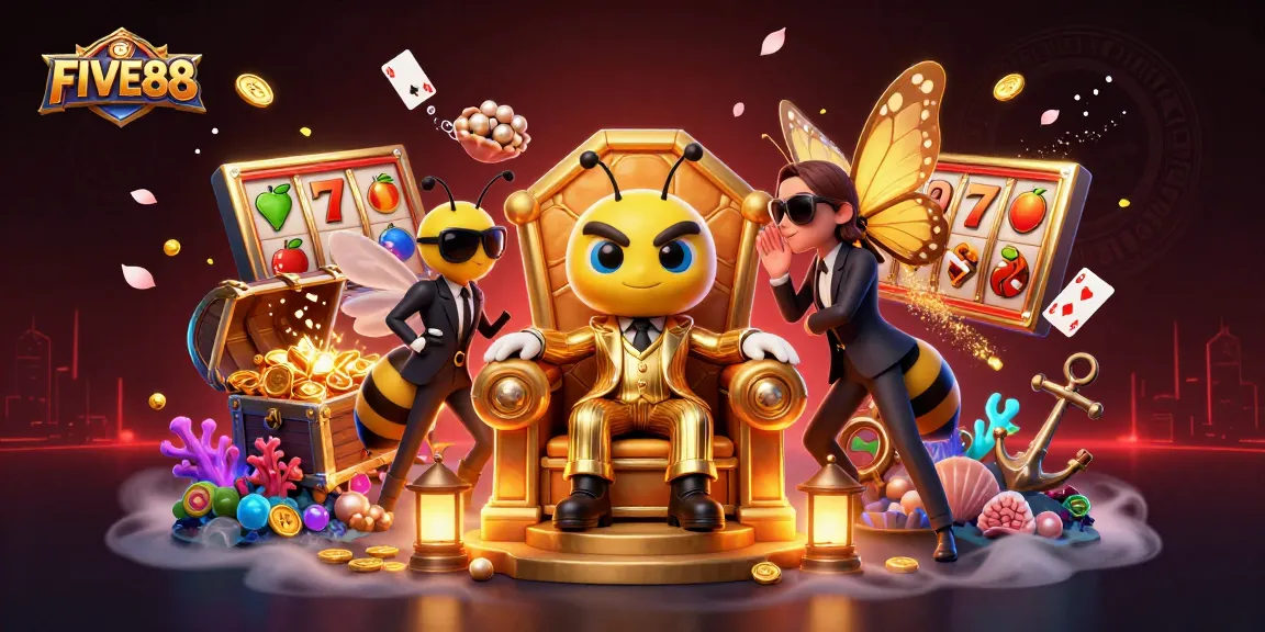 Engage with FIVE88 and spin for gold in this vibrant casino-themed illustration.