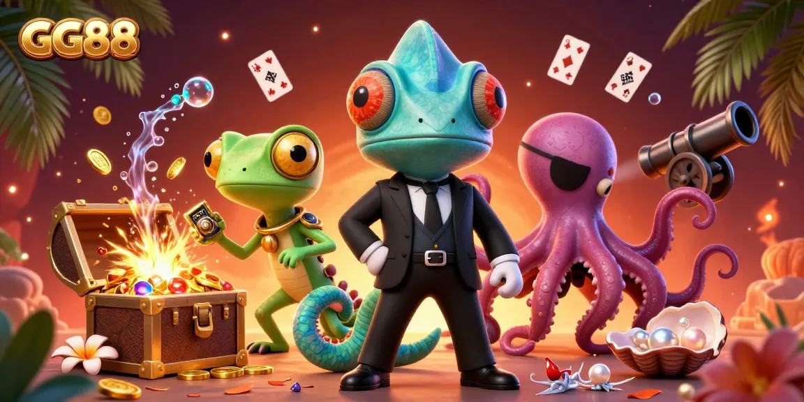 Experience the thrill with GG88's vibrant underwater scene featuring a chameleon, gecko, and octopus amidst golden treasures.
