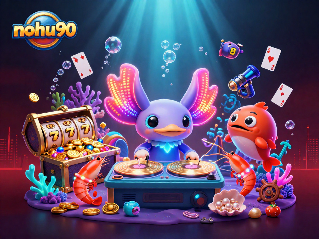 Nohu90 showcases a vibrant underwater casino party scene featuring a neon axolotl DJ.