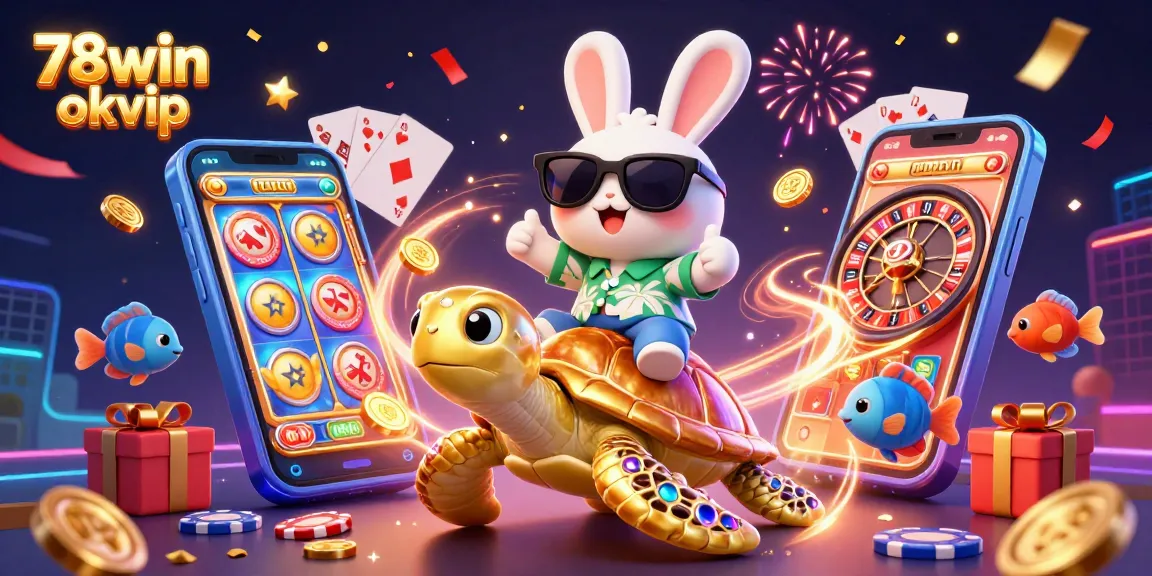 Win big with 78win okvip in this lively gaming scene featuring a lucky rabbit and golden turtle.