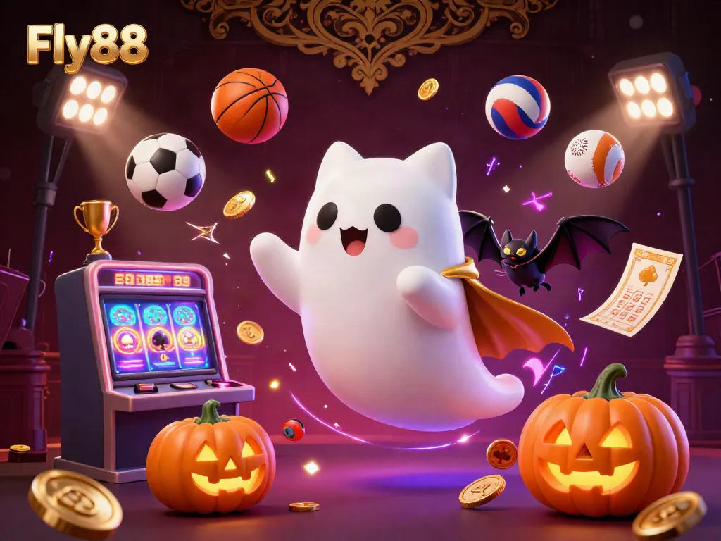 Engage with Fly88's casino excitement, featuring glowing ghost cats and vibrant sports balls.
