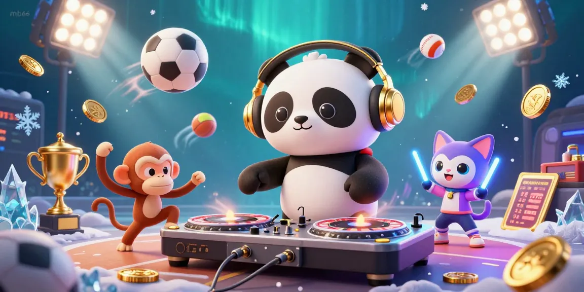 Engage with mb66's vibrant casino scene featuring a DJ panda, dancing monkey, and rave kitten amidst lively sports elements.