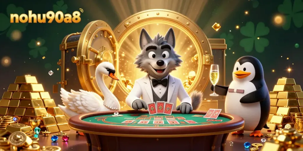 Immerse in the vibrant world of nohu90a8 where a debonair wolf and elegant swan invite players to the thrilling baccarat table.