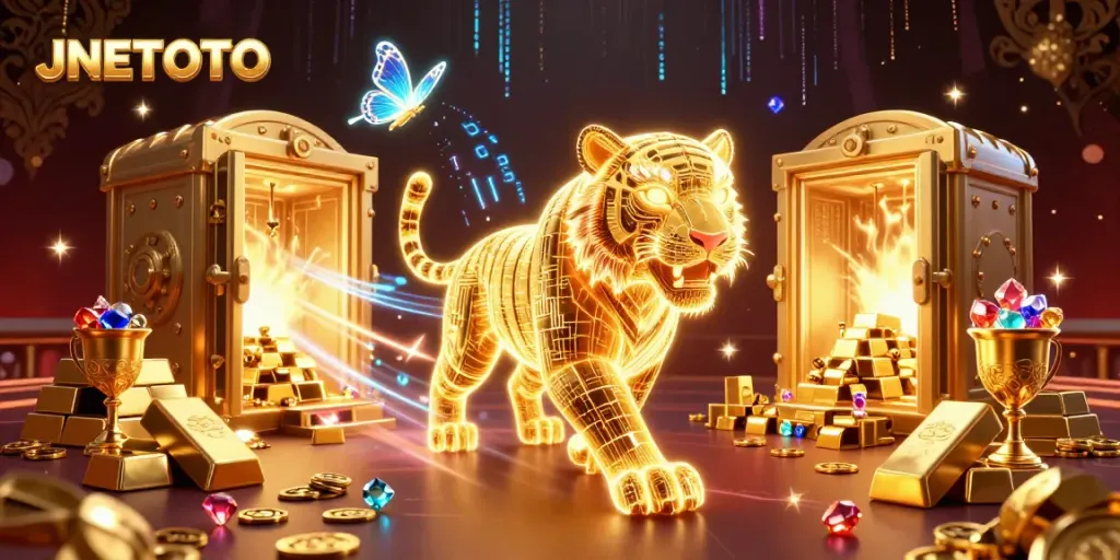 Experience the thrill of JNETOTO, featuring a golden tiger prowling a vibrant digital casino landscape.