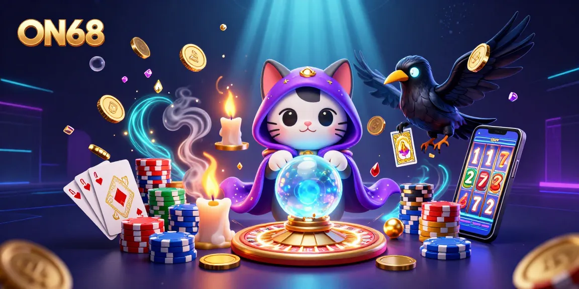 Experience thrilling gameplay at ON68 with a mystical cat fortune teller, raven, and vibrant casino elements.
