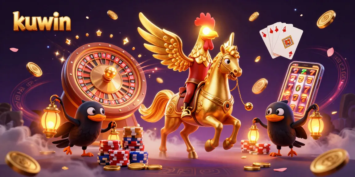 kuwin's golden rooster character embarks on a thrilling casino adventure with radiant treasures and games