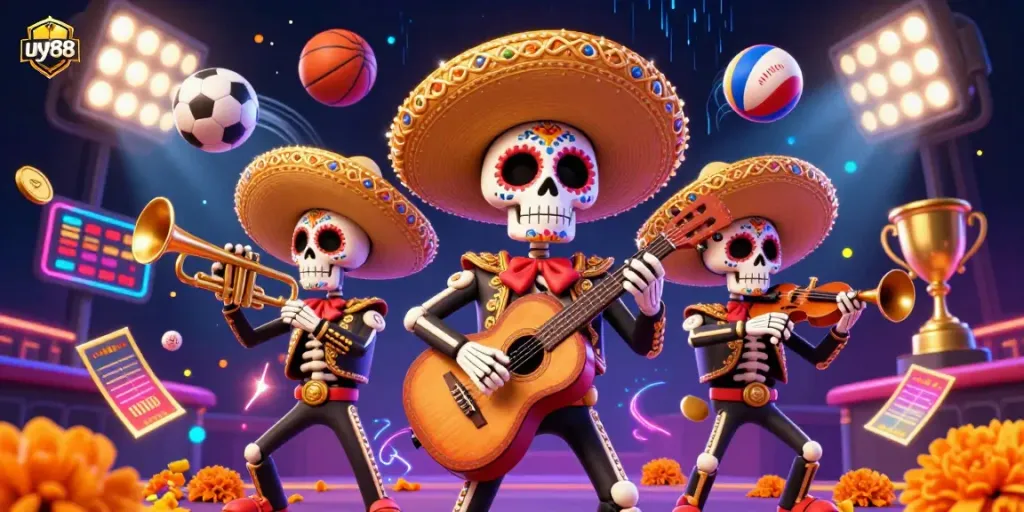 Experience the thrill of uy88 casino games with vibrant mariachi characters and dynamic sports elements.