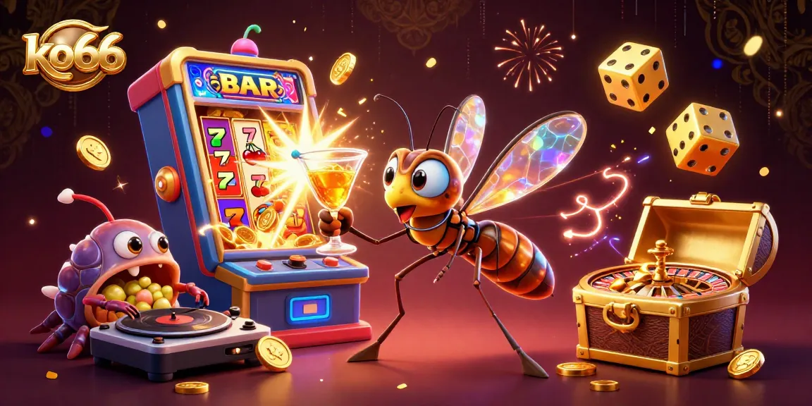 Experience the excitement of ko66 with a cartoon mosquito mascot, jackpot slots, and vibrant casino action!