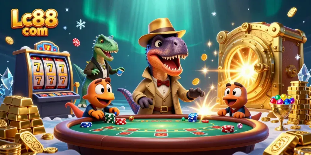 Engaging Lc88 com casino scene showcasing cartoon dinosaurs at a blackjack table with treasure