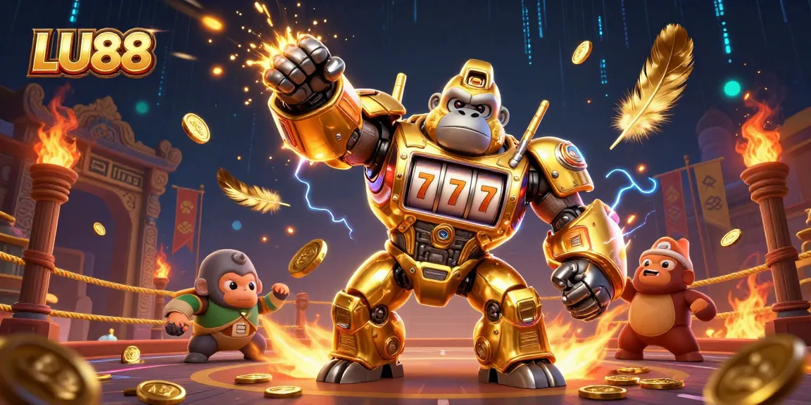 LU88's golden gorilla mech launches coins in an exciting online casino battle scene.
