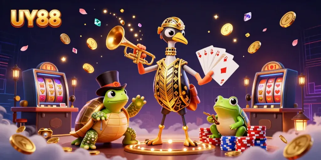 Experience the thrill of gaming with UY88's vibrant 3D casino characters and dazzling elements.