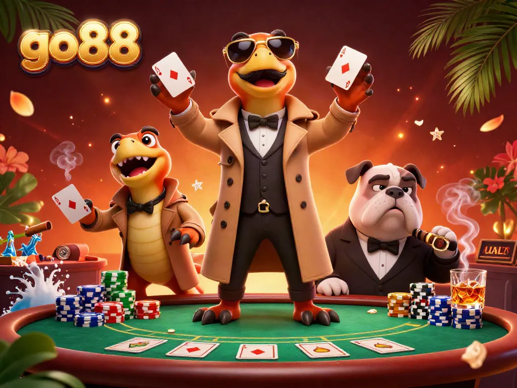 Experience go88's VIP casino lounge with whimsical raptors and poker excitement in this vibrant illustration.