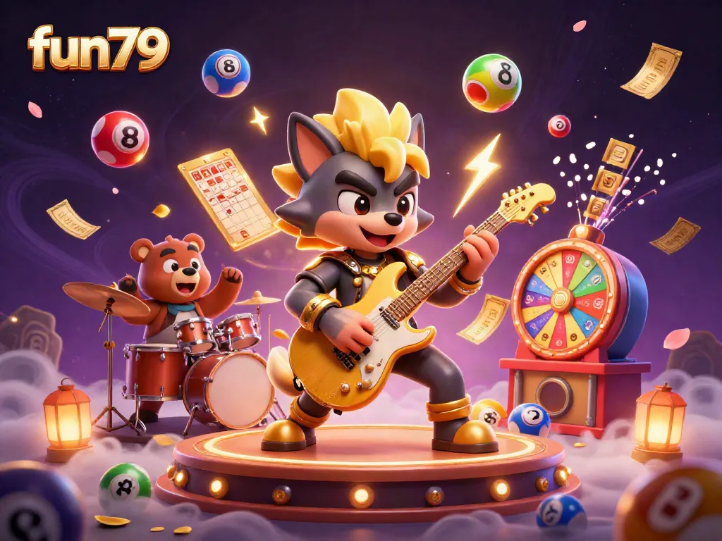 Engage with the excitement at fun79 where a rock star wolf performs on stage amidst vibrant casino elements.