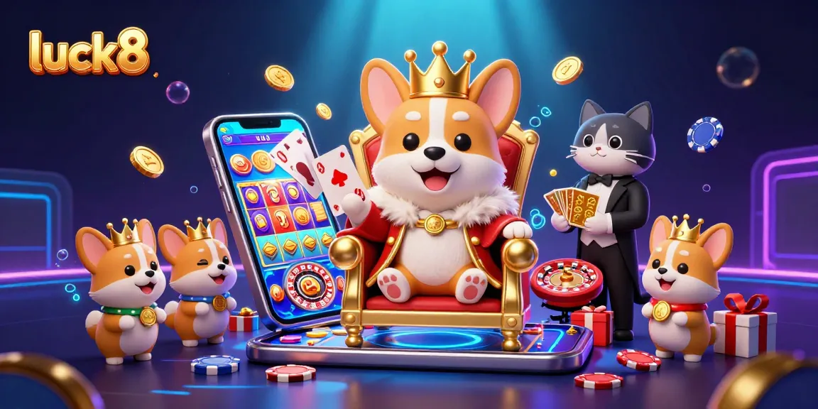 Experience excitement at luck8 with a cartoon royal corgi in a throne of poker chips surrounded by casino elements.