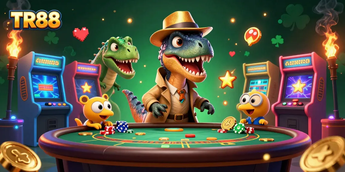 TR88 features a velociraptor card counter at a blackjack table with vibrant gaming elements