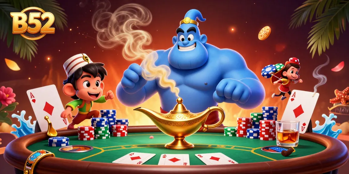 Engage with B52 in this vibrant 3D casino illustration featuring poker chips, cards, and lively characters.