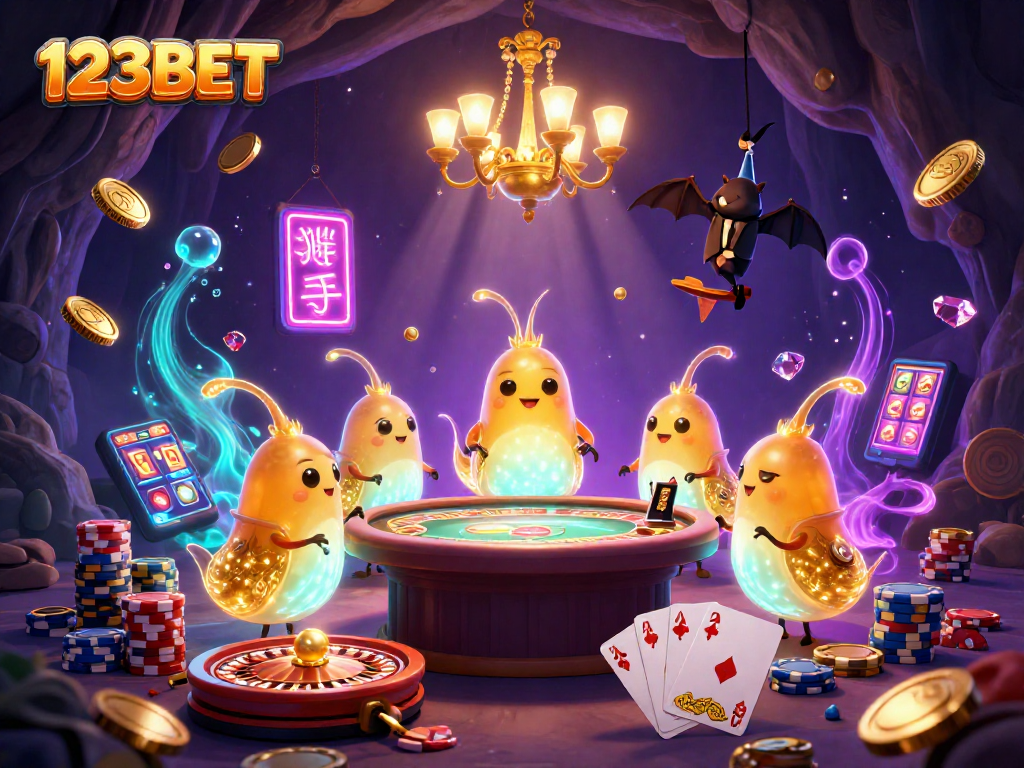 Experience thrilling gameplay at 123BET with dynamic games and vibrant visuals in this colorful 3D casino scene.