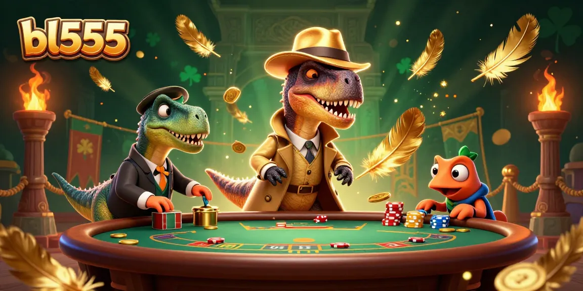 Experience the thrilling world of bl555 with a cartoon velociraptor at a blackjack table, amidst vibrant casino elements.