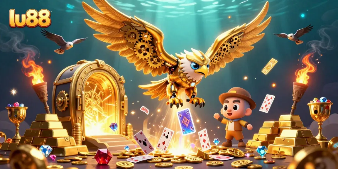 Experience the thrill of lu88 with a stunning illustration of a golden eagle diving through holographic cards.