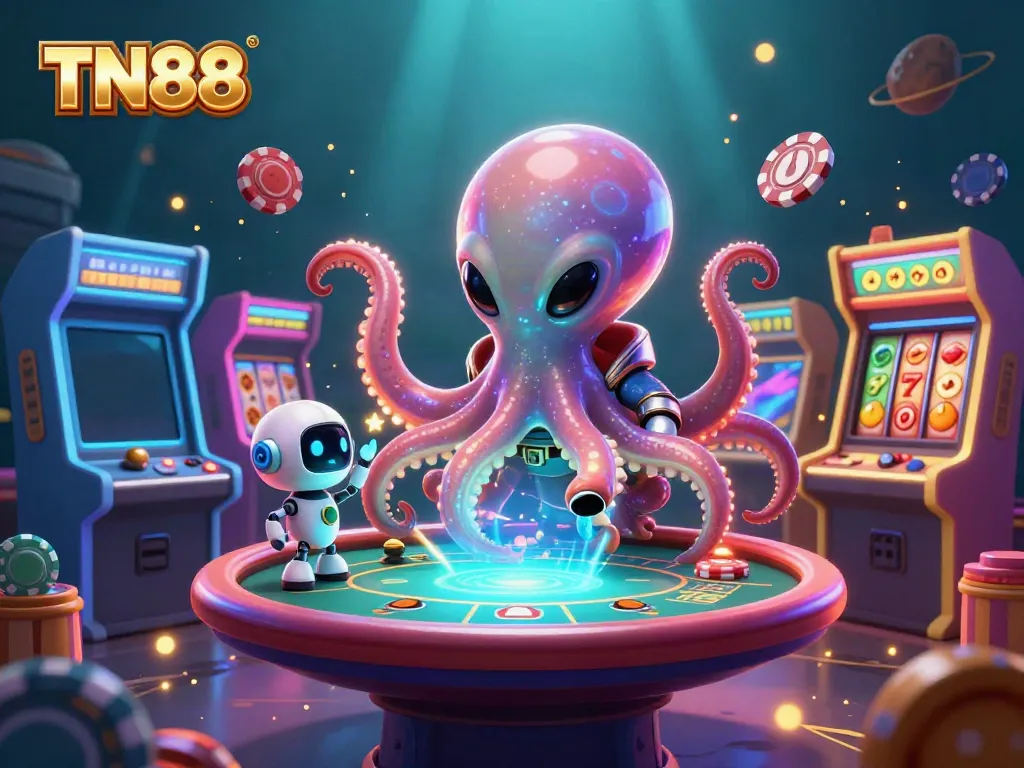 Experience the excitement of TN88 as a colorful alien octopus engages in a thrilling poker game.
