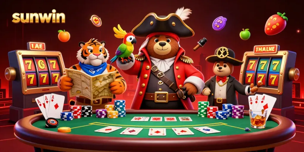 Experience the thrill of sunwin casino with a vibrant 3D scene filled with poker elements and adventurous characters.