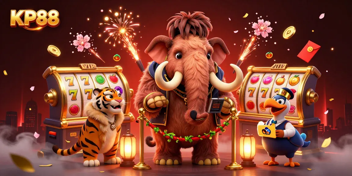 KP88 showcases a vibrant casino scene with a woolly mammoth bouncer and saber-tooth tiger VIP.