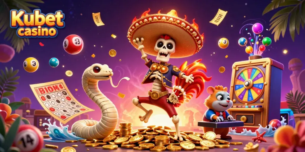 Experience vibrant fun at Kubet casino with a lively scene of cartoon characters celebrating winnings amidst colorful lottery elements.