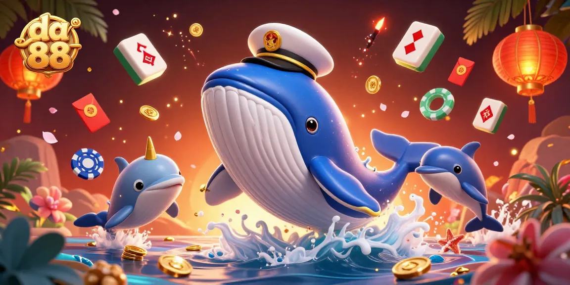 Celebrate big wins at da 88 with an engaging scene of playful dolphins and a golden whale gambling in a sea of coins.