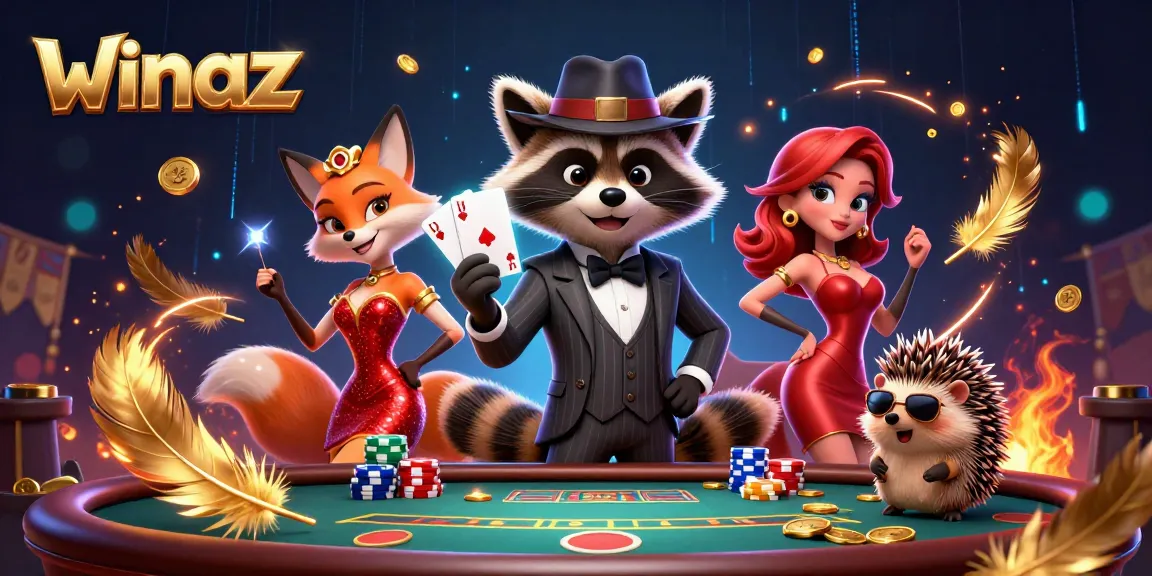 Play poker with winaz, featuring raccoon and fox characters in a lively casino scene.