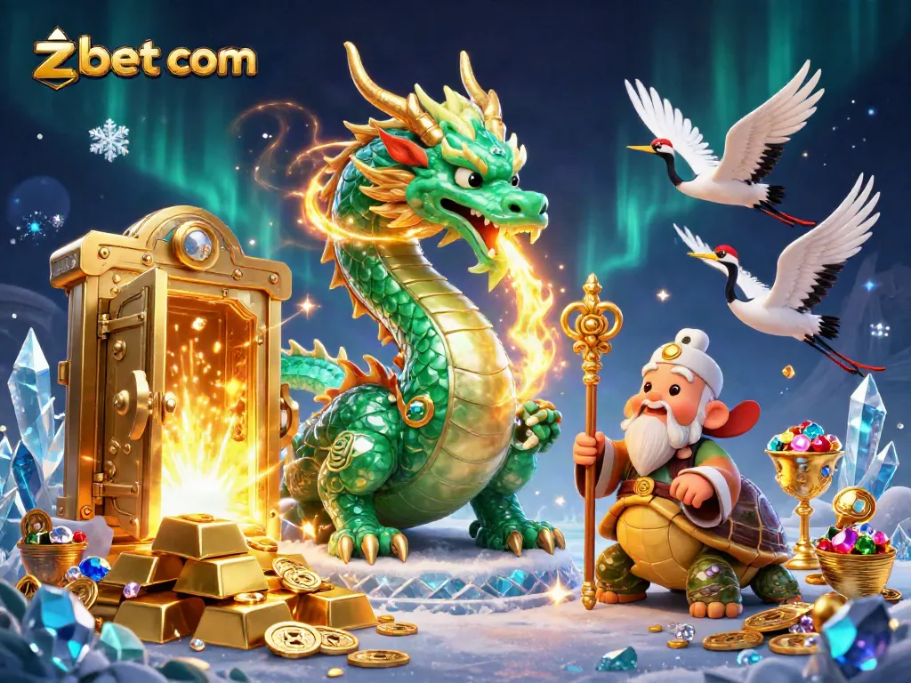 Engage in thrilling gameplay at zbet com with a vibrant dragon, turtle sage, and lucky cranes surrounded by treasure.