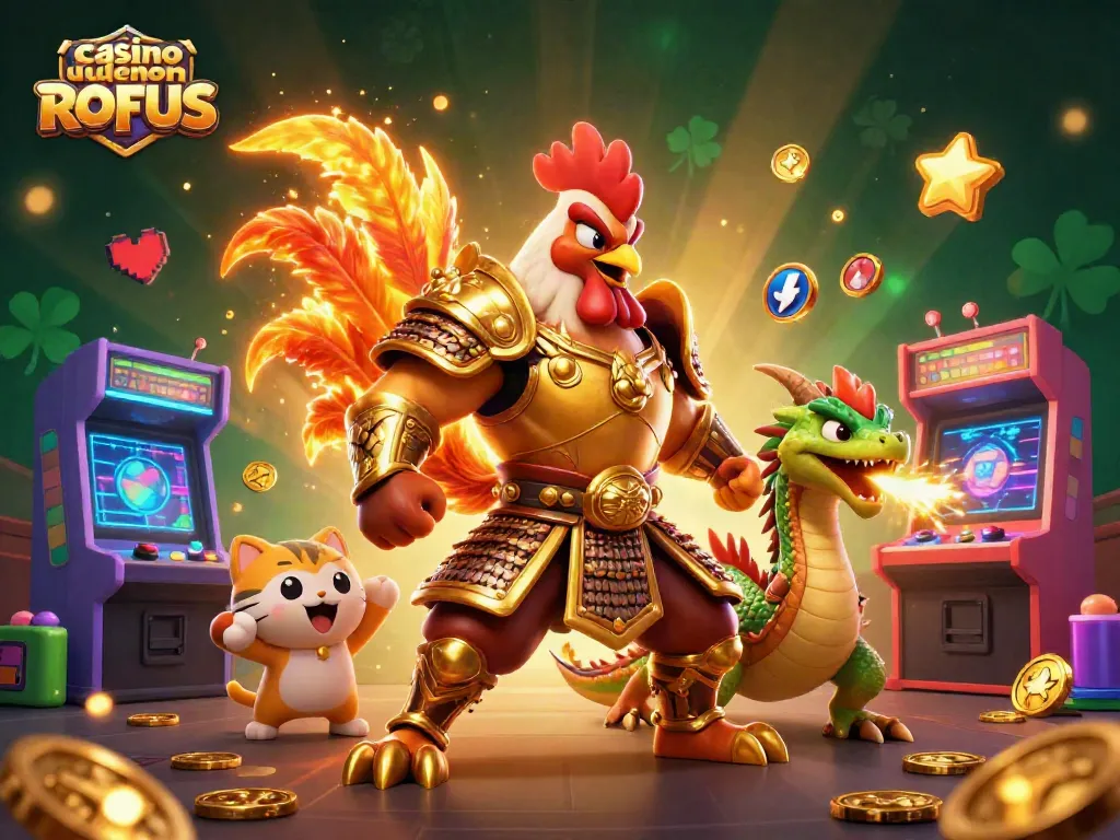 Engage in casino uden om ROFUS with a vibrant scene featuring a courageous rooster warrior and a dragon hatchling.