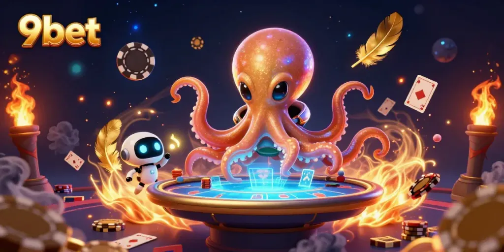 9bet cartoon alien octopus at a vibrant poker game with colorful chips and cards